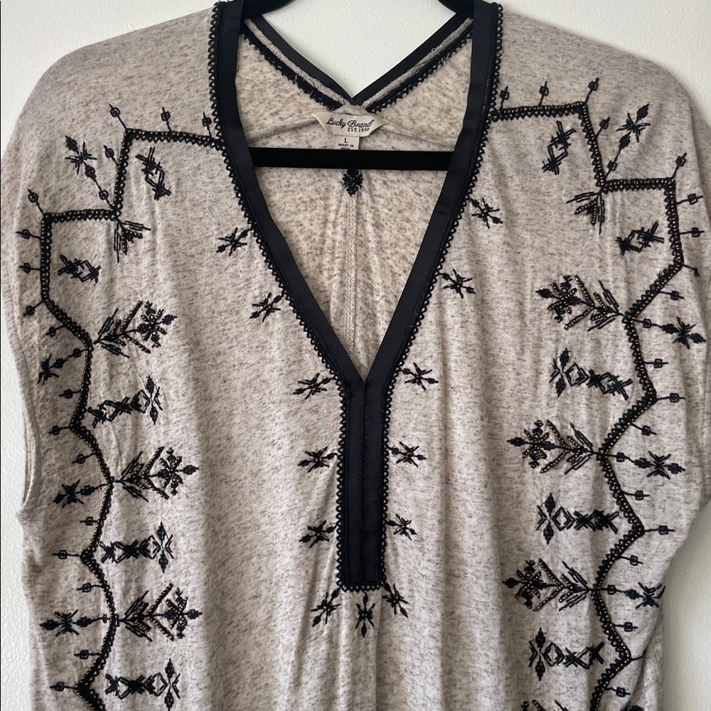 Lucky Brand|Boho Chic Embroidered tunic top w/ beading|oatmeal/black| Large| EUC - Picture 14 of 14
